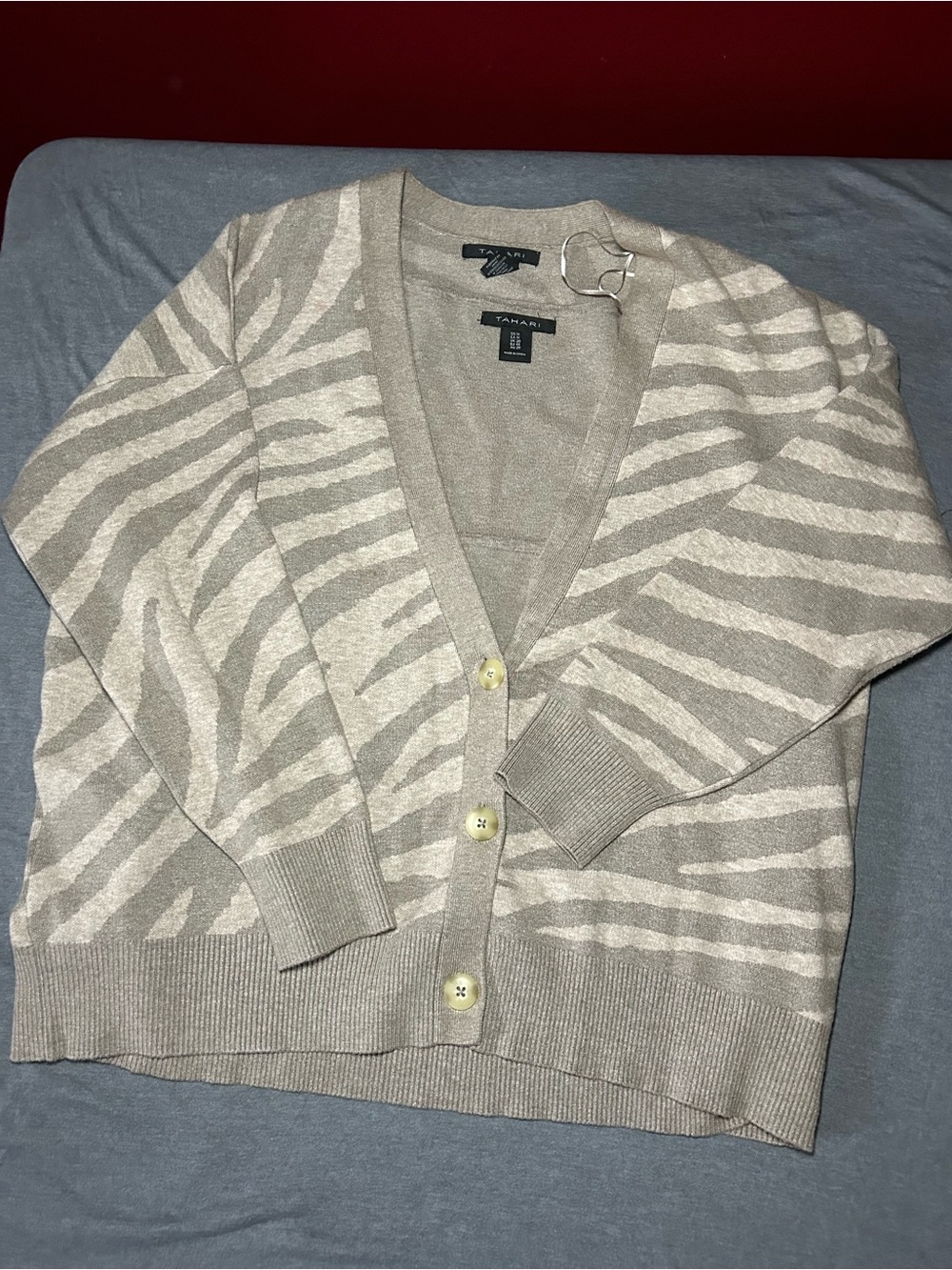 Tahari 2 in 1 Beige and Cream Zebra-Print V-Neck Cardigan with removable tank.
